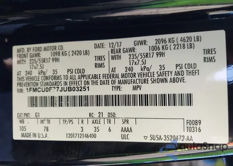 2018 Ford Escape S z USA, uszkodzony, nr VIN 1FMCU0F77JUB03251